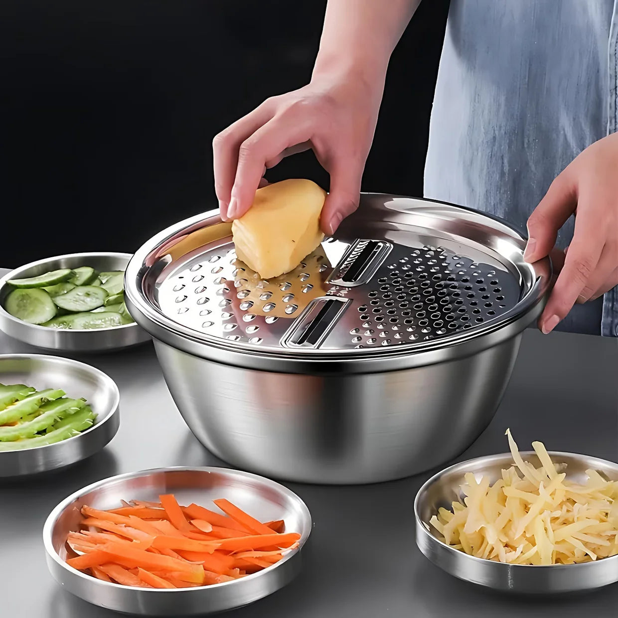 All-in-1 Steel Prep & Drain Kitchen Bowl Set (3-Piece)