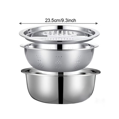 All-in-1 Steel Prep & Drain Kitchen Bowl Set (3-Piece)