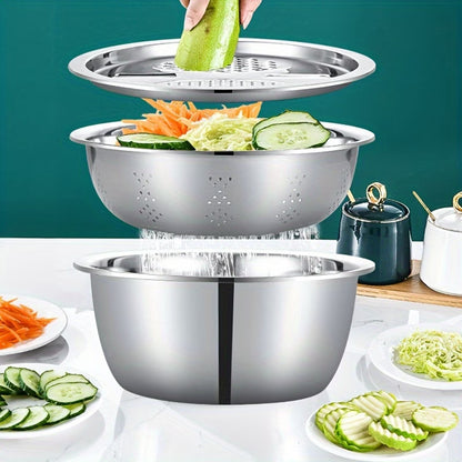 All-in-1 Steel Prep & Drain Kitchen Bowl Set (3-Piece)