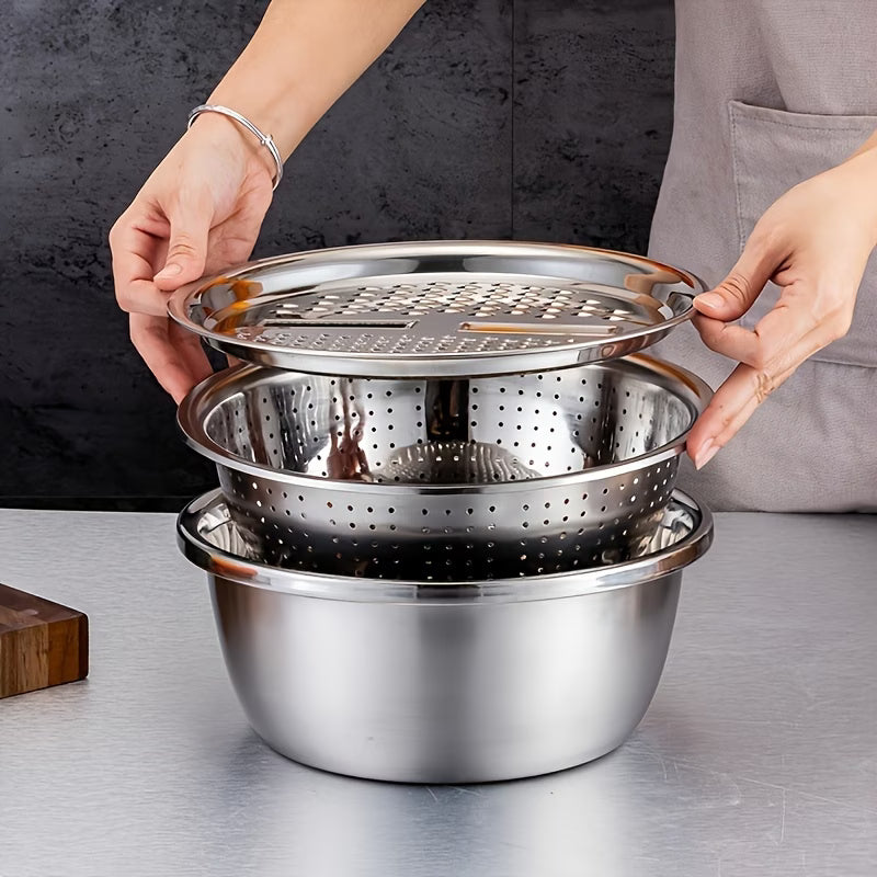 All-in-1 Steel Prep & Drain Kitchen Bowl Set (3-Piece)
