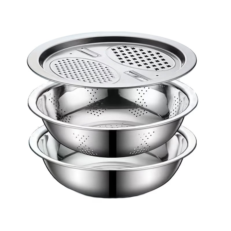 All-in-1 Steel Prep & Drain Kitchen Bowl Set (3-Piece)